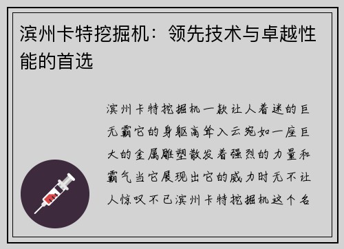 滨州卡特挖掘机：领先技术与卓越性能的首选